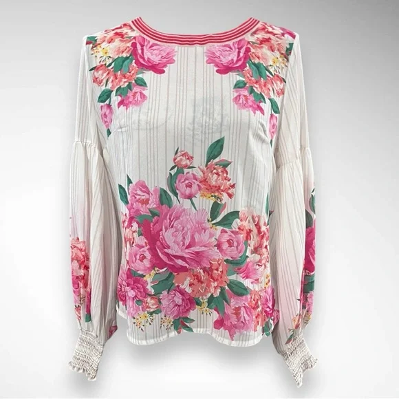 VICI‎ Valencia Rose Printed White Pink Boho Balloon Sleeve Blouse Small | EUC - Picture 2 of 9